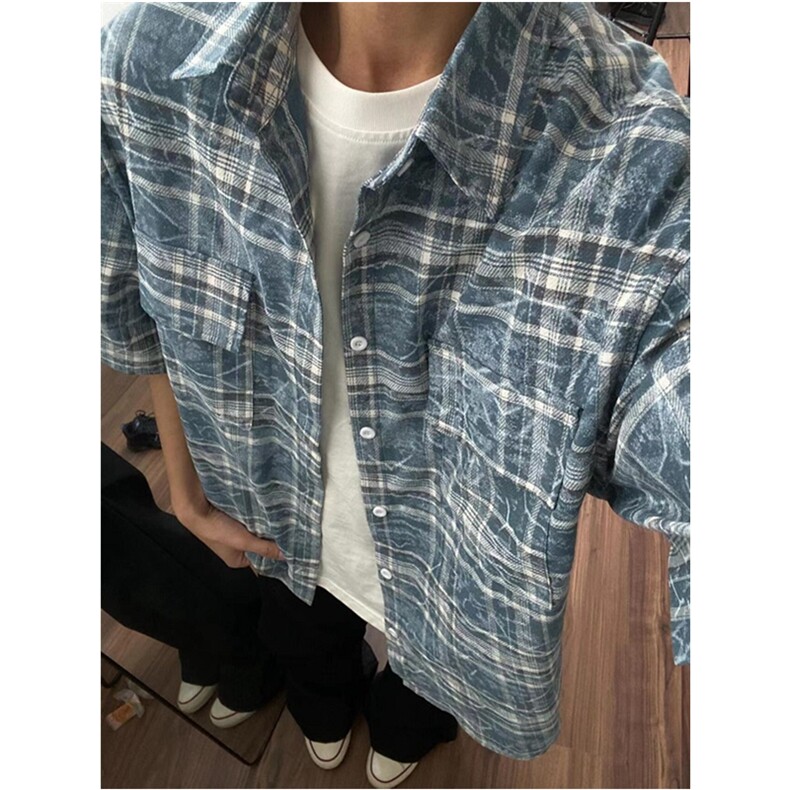 新款短袖衬衫男士夏季复古高级感痞帅半袖格子衫CJ02，男装衬衫，星座1116A-1（原606A）