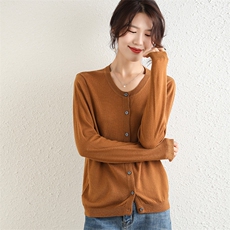时尚百搭女士圆领羊毛开衫羊毛修身显瘦弹性针织衫，女装羊毛衫，高粱穗羊绒