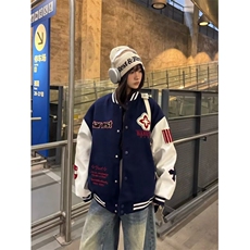 W539-P88美式复古毛呢拼皮刺绣棒球服夹克男女宽松夹棉加厚拼色，男装夹克，星座911-1