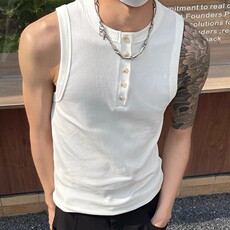 美式冰丝纽扣亨利领纯色无袖背心男女款夏季修身显瘦短款凉感上衣，男装Polo衫，四季星座505