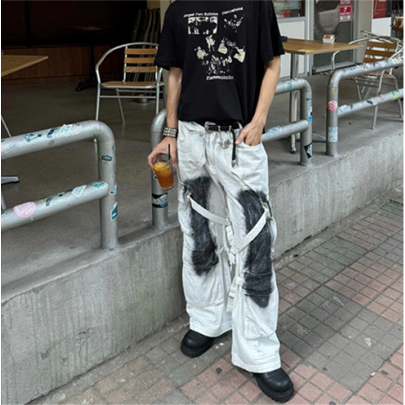 嘻哈复古设计喷墨脏白牛仔裤男宽松阔腿多口袋绑带工装裤N7688,男装牛仔裤,星座1116A（原606A-3）