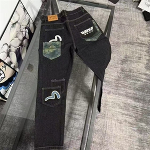 美式复古刺绣经典贴皮黑色牛仔裤男女水洗宽松休闲直筒ZK43 P51图片