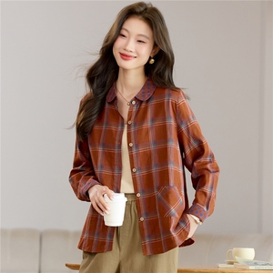 衬衫女长袖2026春秋新款大码宽松遮肚上衣洋气减龄撞色格子衬衫，女装衬衫，独衣靓