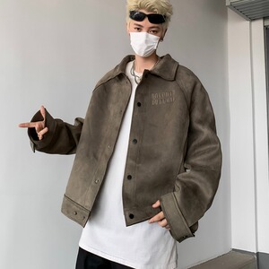 美式复古麂皮夹克外套男宽松秋冬慵懒中性风棒球服上衣W5993-P87图片