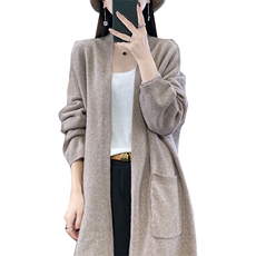 长袖口袋宽松垂感中长款针织开衫女羊毛毛衣外套"，女装羊毛衫，宋氏羊绒