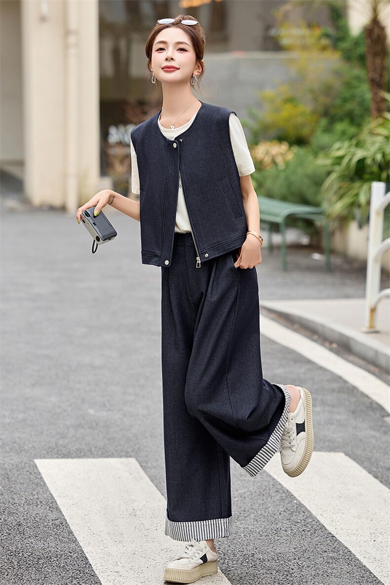 时尚条纹拼接休闲套装女2025夏新款洋气休闲马甲阔腿裤搭配一整套,女装套装/套裙,沁沁公主