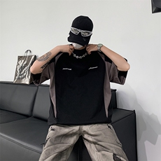 美式潮牌撞色拼接设计感机车短袖T恤男女宽松情侣赛车服DT044-p36，男装T恤，星座1008