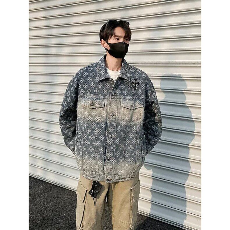 美式高街牛仔外套男士韩版潮流提花帅气2025春季ins外套W6359-P87,男装工装外套,星座412-3