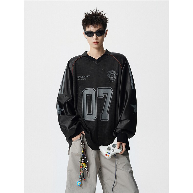 美式翻领POLO衫大码M-5XL插肩拼接V领球衣长袖T恤T78096P48控78，男装T恤，星座227-7