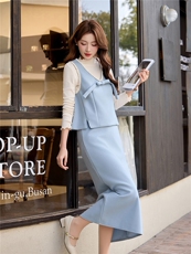 设计感洋气套装裙女2026冬新款拼接马甲打底衫半身裙三件套套装，女装套装/套裙，冬木谷雨