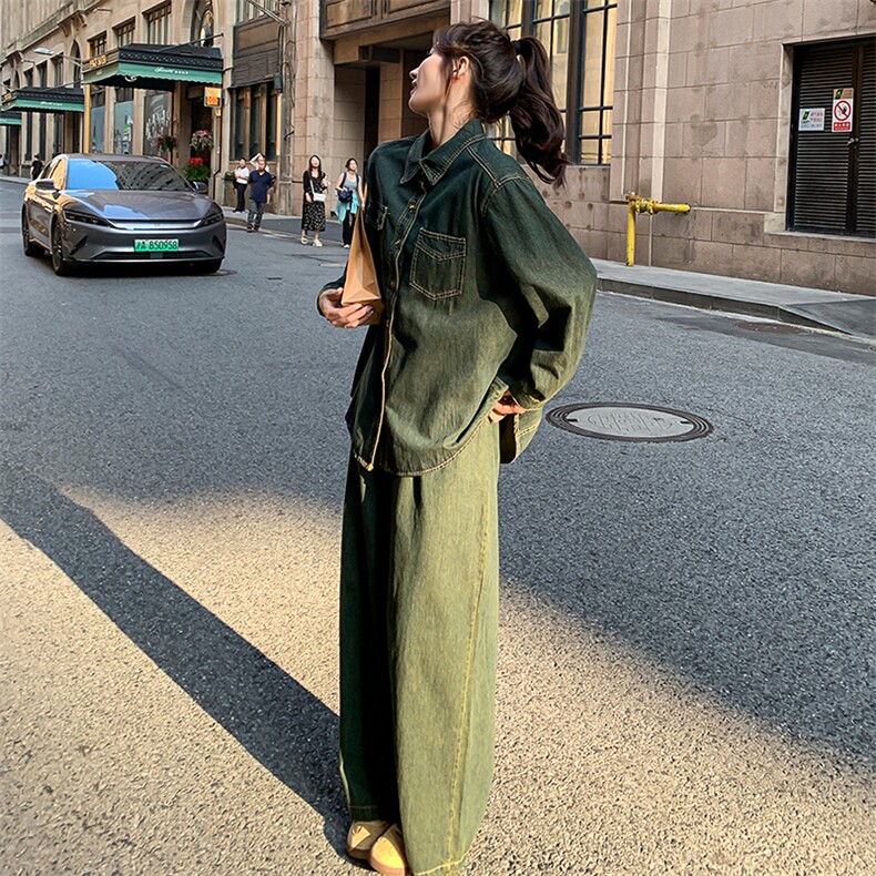 洋气港风牛仔套装女2025春秋新款流行爆款炸街衬衫阔腿裤两件套,女装套装/套裙,浙宝305