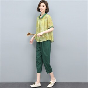 高端苎麻碎花套装纯亚麻上衣女装2025年新款夏季妈妈装棉麻两件套图片