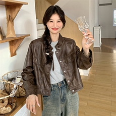 美拉德咖色皮衣短外套女春秋2025新款复古立领机车服休闲夹克上衣，女装皮衣，唛多