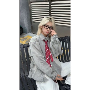 美式复古水洗灰色牛仔衬衫男高级感痞帅毛边初秋外套宽松短款衬衣图片