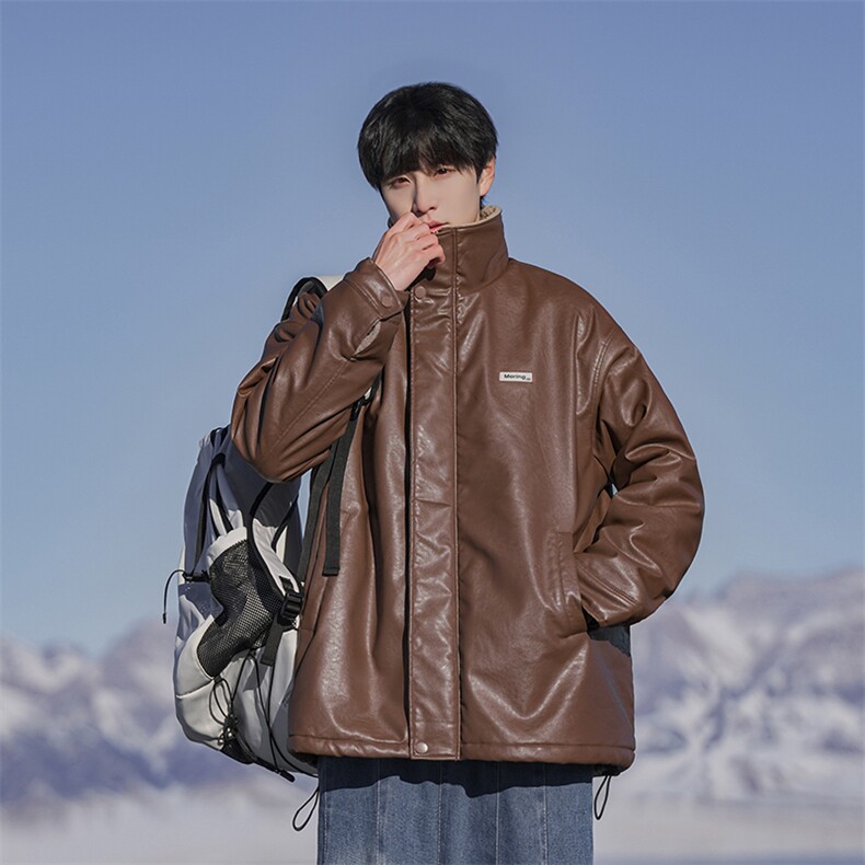 PU皮棉衣外套男冬季羊羔毛加绒加厚美式潮牌棉服外套P110X188,男装棉衣,星座803