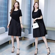2021夏季新款简约时尚气质圆领拼色宽松休闲舒适连衣裙，女装连衣裙，灵力轩