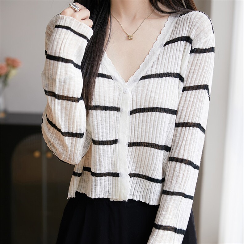 夏季宽松搭配吊带裙针织开衫外套长袖薄款防晒上衣女士冰丝空调衫，女装蕾丝衫/雪纺衫，绒汀羊绒