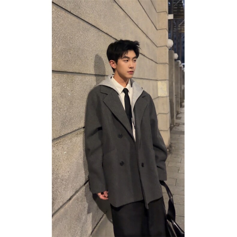 假两件毛呢大衣帽子可拆双排扣呢子西装风衣外套504-F67-P90控138，男装西服套装，星座504