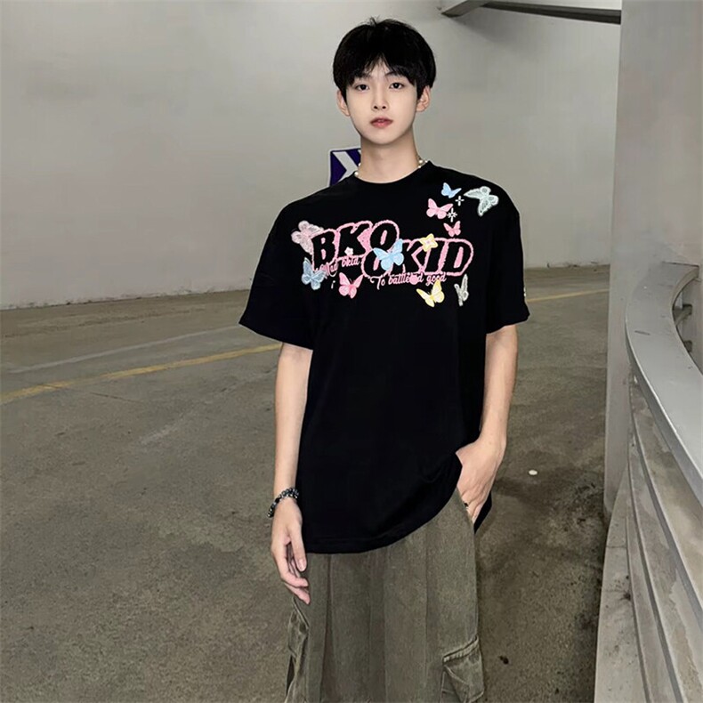 万针全刺绣工艺抖音得物高品质260克重磅纯棉双纱美式高街短袖T恤,男装T恤,电商A486