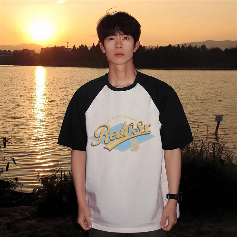 抖音得物高品质二开240克宽松纯棉美式潮牌插肩袖拼接短袖T恤，男装T恤，电商A486