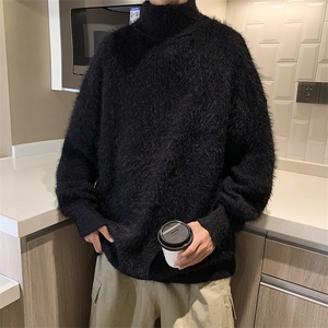 美式高街潮牌仿貂绒宽松高领拉链休闲百搭针织毛衣图片