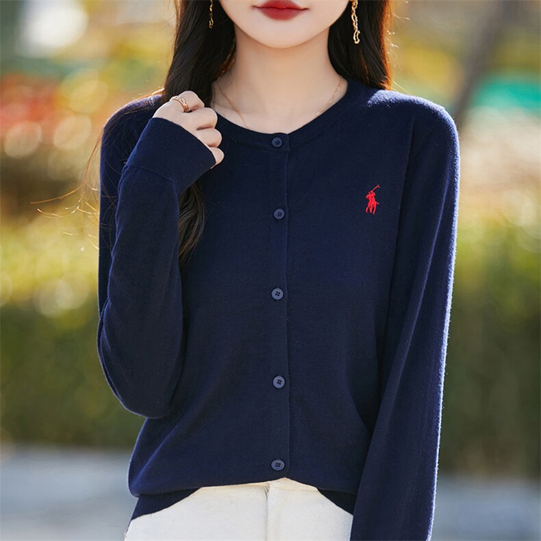 精纺羊毛开衫女圆领长袖时尚刺绣小马针织长袖百搭上衣毛衣外套薄,女装羊毛衫,片语羊绒