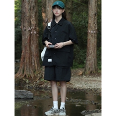 夏款中性风纯色翻领衬衫潮百搭短裤半袖套装男女8715-P80控价128，男装衬衫，电商A441-1