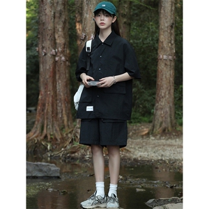 夏款中性风纯色翻领衬衫潮百搭短裤半袖套装男女 8715-P80控价128图片
