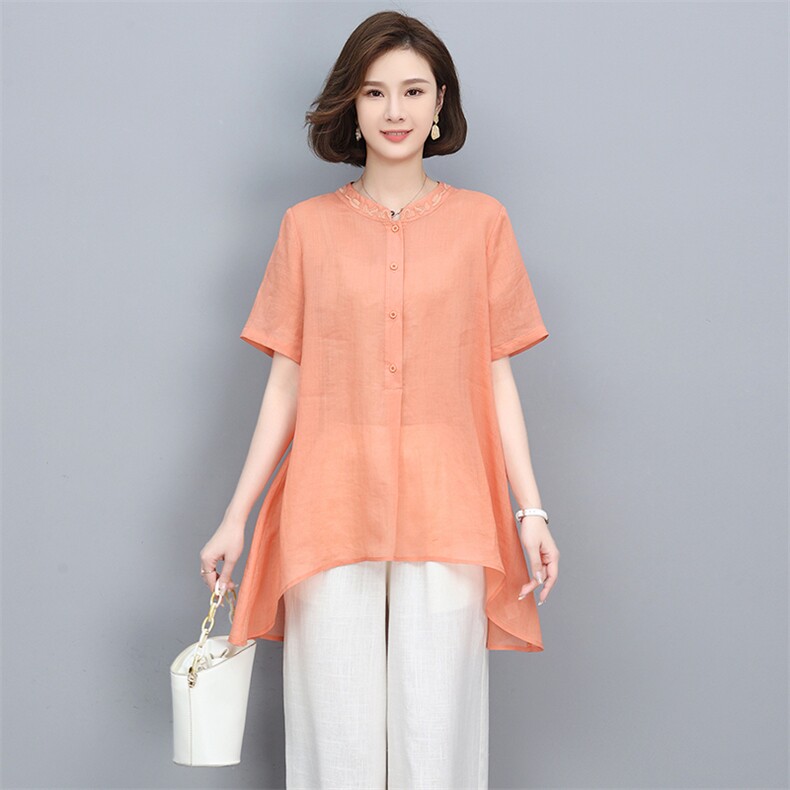 2023夏季新款简约时尚休闲舒适纯苎麻刺绣开衫上衣,女装衬衫,独衣靓