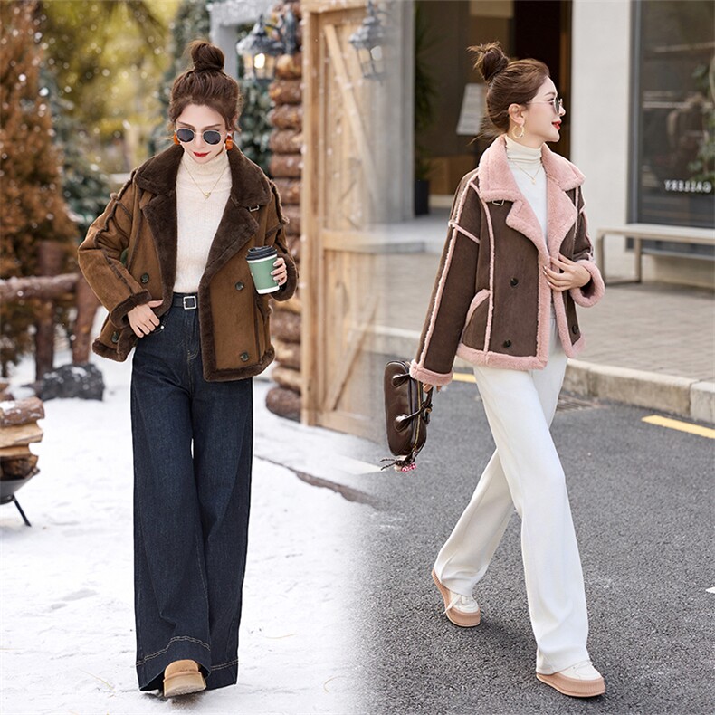 洋气粉色皮毛一体羊羔毛外套女2024冬季加厚保暖鹿皮绒机车服夹克,女装短外套,自然秀
