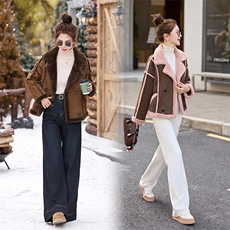 洋气粉色皮毛一体羊羔毛外套女2024冬季加厚保暖鹿皮绒机车服夹克，女装短外套，自然秀