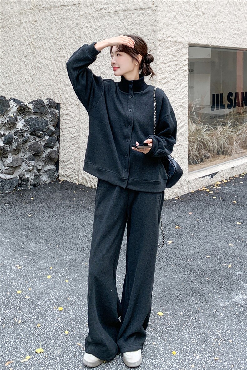 灰色松弛感加绒加厚立领卫衣两件套女2025冬季新款学院风显瘦卫裤,女装套装/套裙,艾米莉亚