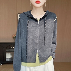 拼色双拉链精纺羊毛开衫女假两件连帽针织衫外套毛衣宽松帽衫上衣，女装针织衫/毛衣，九嘉羊绒