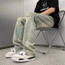 复古破洞牛仔裤男高街宽松直筒百搭水洗牛仔裤，男装牛仔裤，星座410-6（原星座1304-1）
