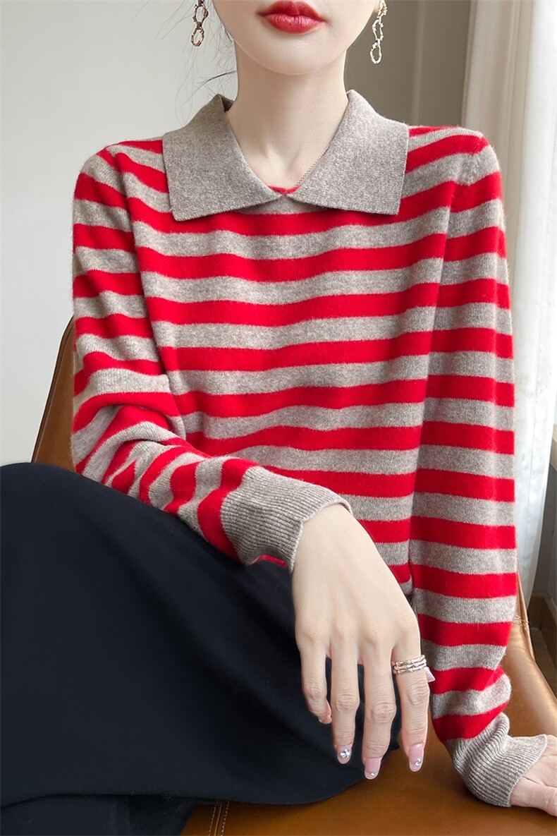 秋冬季翻领毛衣拼色羊毛衫女显瘦条纹衫娃娃领打底衫内搭,女装羊毛衫,盛鼎羊绒