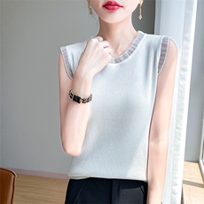 夏季新款时尚气质蕾丝拼接无袖背心女修身显瘦百搭休闲上衣，女装针织衫/毛衣，萱芳婷羊绒