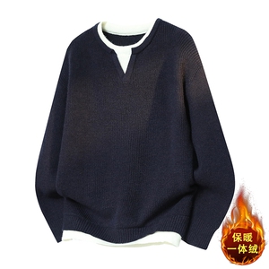 复古拼接假两件毛衣男加绒加厚保暖宽松针织衫B6012JR-特价P60图片