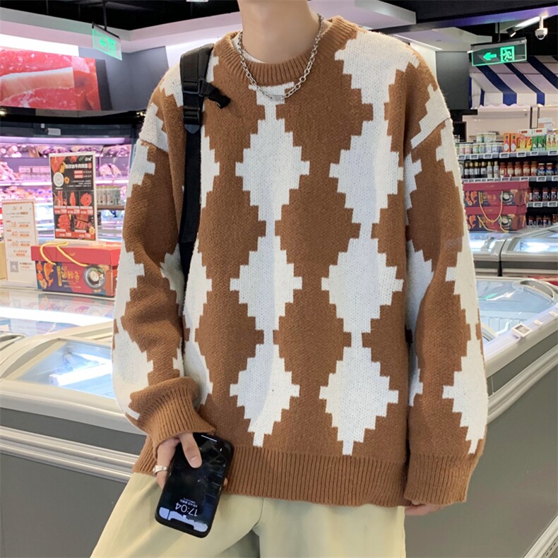 秋冬季新款宽松圆领潮流纯色针织衫日系棋盘格毛衣男M644-P58,男装针织衫/毛衣,星座512-2