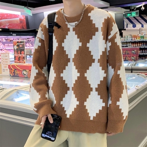 秋冬季新款宽松圆领潮流纯色针织衫日系棋盘格毛衣男 M644-P58图片