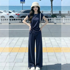 设计感时尚气质套装女夏季款圆领褶皱开叉短袖上衣阔腿长裤两件套，女装套装/套裙，江南