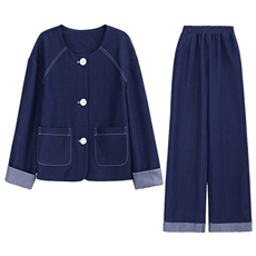 时尚简约大方气质优雅收腰显瘦休闲修身百搭两件套牛仔年秋季长裤，女装套装/套裙，梦依杭