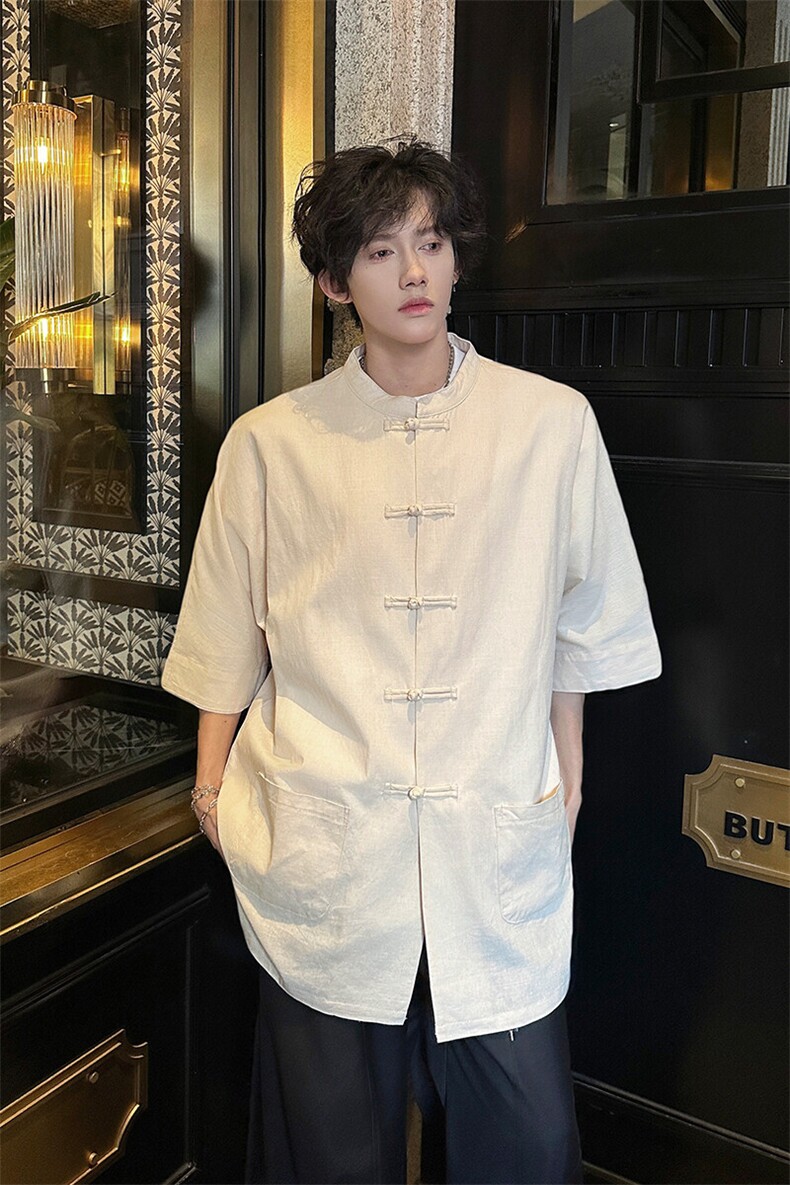 8XL-M新中式衬衫男中山装麻棉风复古中袖衬衣唐装CS527P60,男装衬衫,电商D206-1