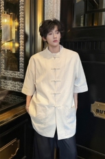 8XL-M新中式衬衫男中山装麻棉风复古中袖衬衣唐装CS527P60，男装衬衫，电商D206-1