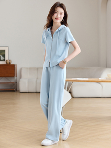 时尚休闲运动服套装女2025夏季新款连帽短袖T恤阔腿直筒裤两件套图片