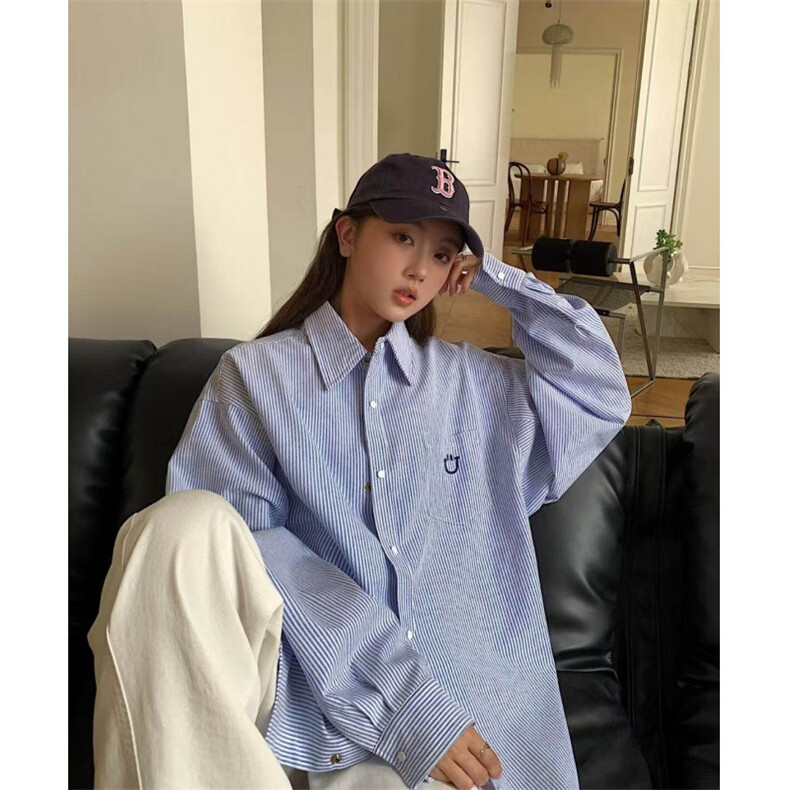 竖条纹衬衫男女长袖韩版刺绣笑脸宽松2026夏季ins外套CY1112-P38,男装衬衫,星座412-2