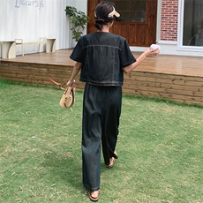 时尚复古牛仔套装女夏季2024新款短外套阔腿裤气质显瘦休闲两件套，女装套装/套裙，浙宝305