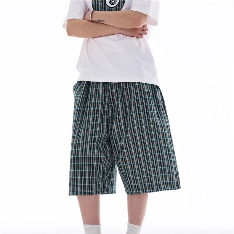 美式复古格子格纹宽松廓形七分裤男女夏季慵懒风直筒休闲裤青少年,男装牛仔裤,星座715-4