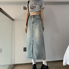 复古牛仔裙半身裙女中长款2025年新款夏季a字开叉高腰包臀裙春秋，鞋类箱包手腕包，星座1210-1