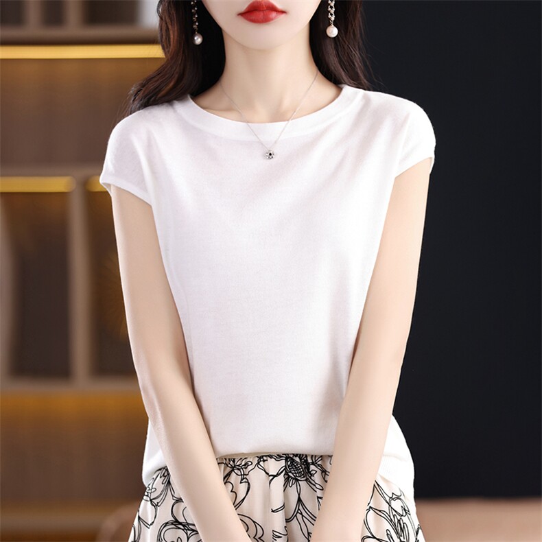 天丝亚麻针织短袖t恤女2025春薄款圆领无袖上衣冰丝背心落肩T恤女，女装羊毛衫，蚂蚁派对工厂直营店