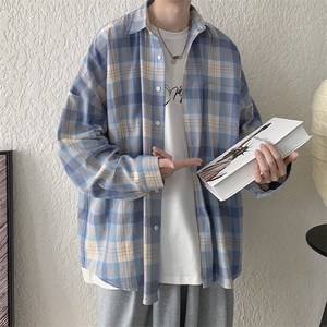 港风复古格子衬衫男长袖宽松休闲高级感男生衬衣外套CA56-P35图片
